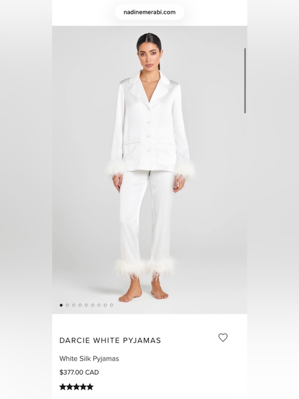 NADINE MERABI White Satin Pajama Set with Feather Trim